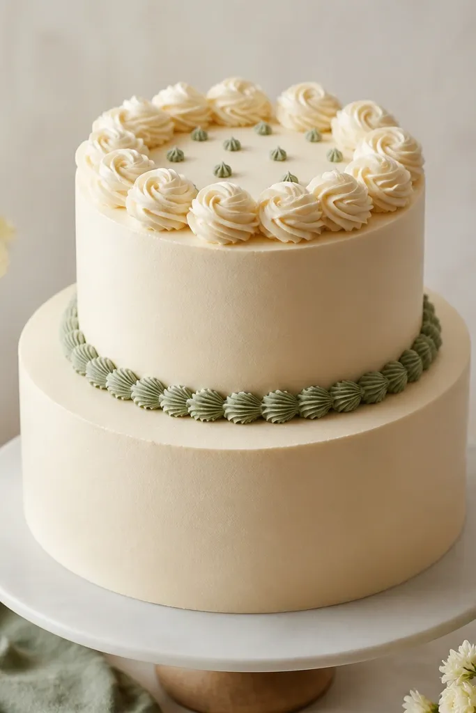 A two-tier cake in ivory buttercream. Around the bottom edge of the top tier is a sage green piped shell border. The top has a ring of ivory rosettes and a few sage-green piped dots scattered like confetti.