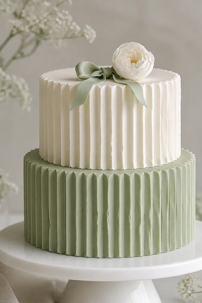 A two-tier cake where the bottom tier is sage green and the top tier is ivory. Each tier has vertical ruffles piped along the sides in a consistent pattern. The ruffles have soft highlights and the top has a small sage bow and a single ivory flower.