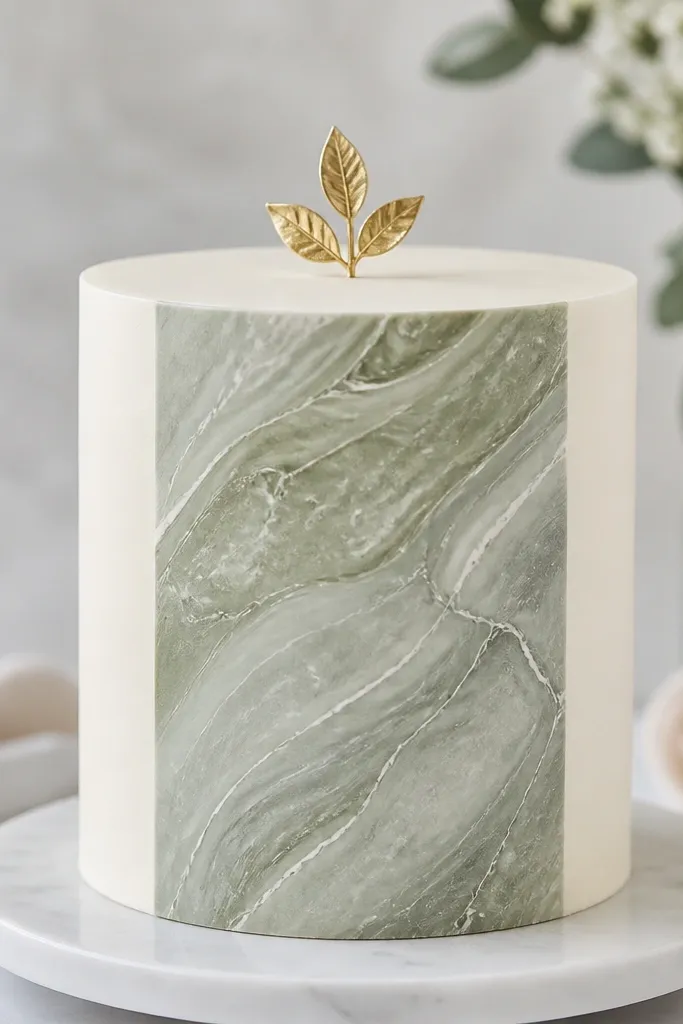 A white ivory cake with smooth sides and a single sage marble panel on the front. The marble panel has swirls of light sage, gray-green, and tiny white veins. The top is plain ivory with a small gold leaf topper.