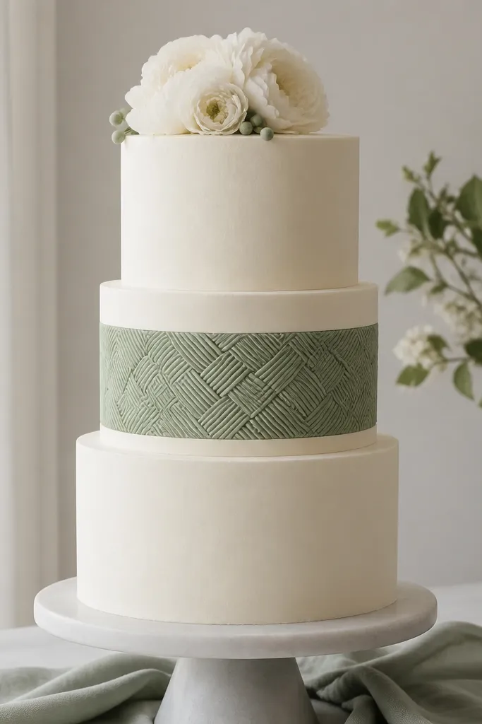A tall ivory cake with a single sage green basketweave band around the middle tier. The band has a repeating woven pattern made from alternating curved lines. The top is decorated with a small cluster of ivory flowers and a few sage piped dots.
