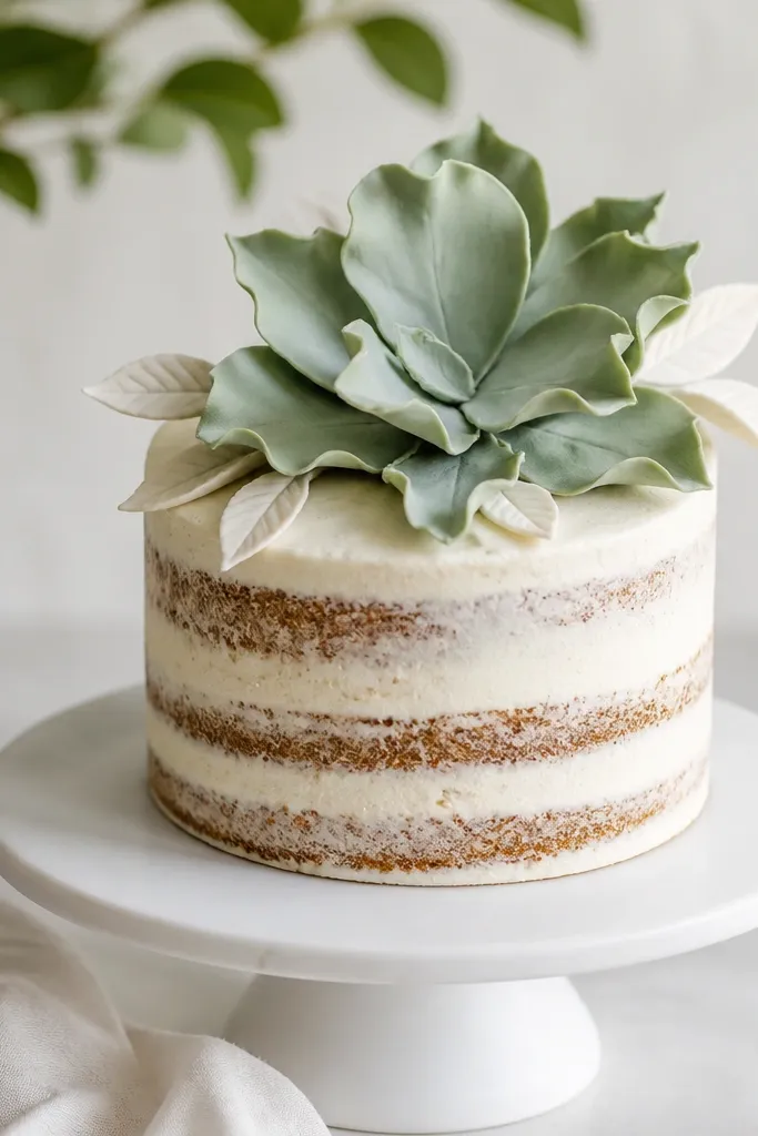 A semi-naked cake with thin ivory buttercream sides and visible cake layers. On top is a large sage green fondant leaf sculpture, with smaller ivory fondant leaves tucked around it. The overall look is simple and airy with no heavy piped borders.