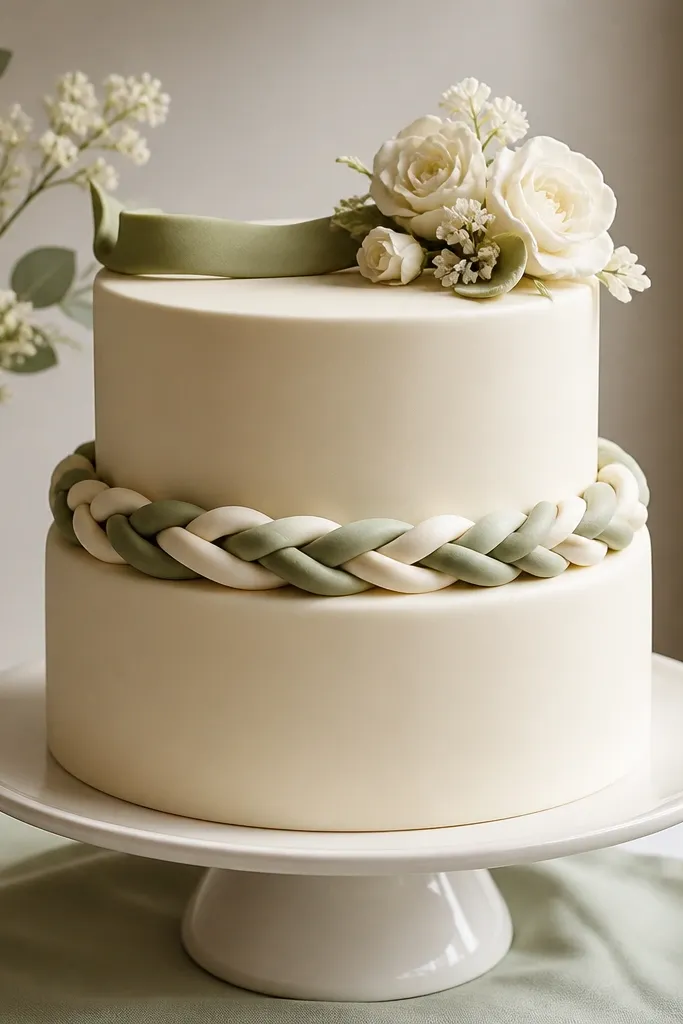 A two-tier cake with smooth ivory sides. Around the middle tier is a braided rope border made from alternating sage and ivory fondant strands. The braid sits slightly raised and wraps all the way around. The top has a small cluster of ivory flowers and a sage ribbon-like fondant strip.