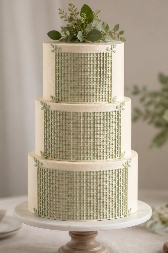 A tall cake with ivory sides and sage lattice panels on each tier. The lattice is made from thin piped lines forming small square openings. The top is ivory and has a few piped sage corner accents and a small greenery topper.