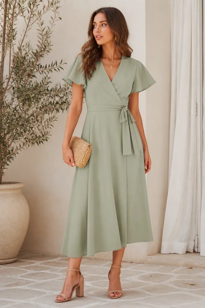 A light sage green poplin wrap dress with a V-neck and short flutter sleeves, cinched with a matching fabric belt; the skirt falls to mid-calf. The dress is styled with nude block-heel sandals and a small woven clutch.