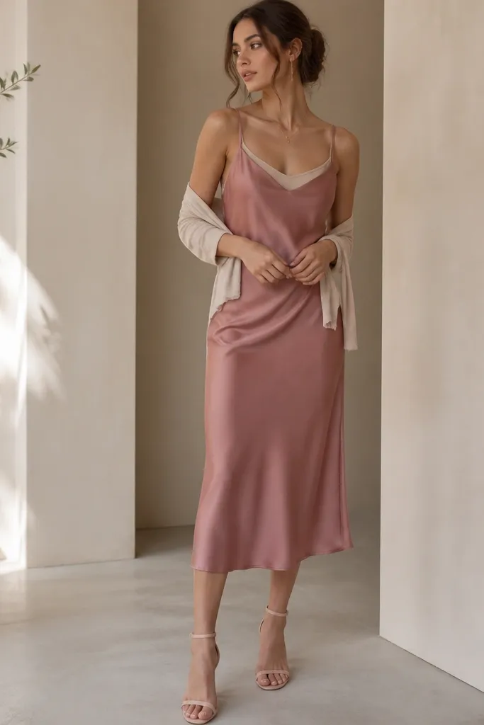A dusty rose satin-look slip dress with spaghetti straps, worn over a nude camisole tucked at the waist; it has a straight skirt and falls to the mid-calf. Styled with blush strappy heels and a thin wrap cardigan.