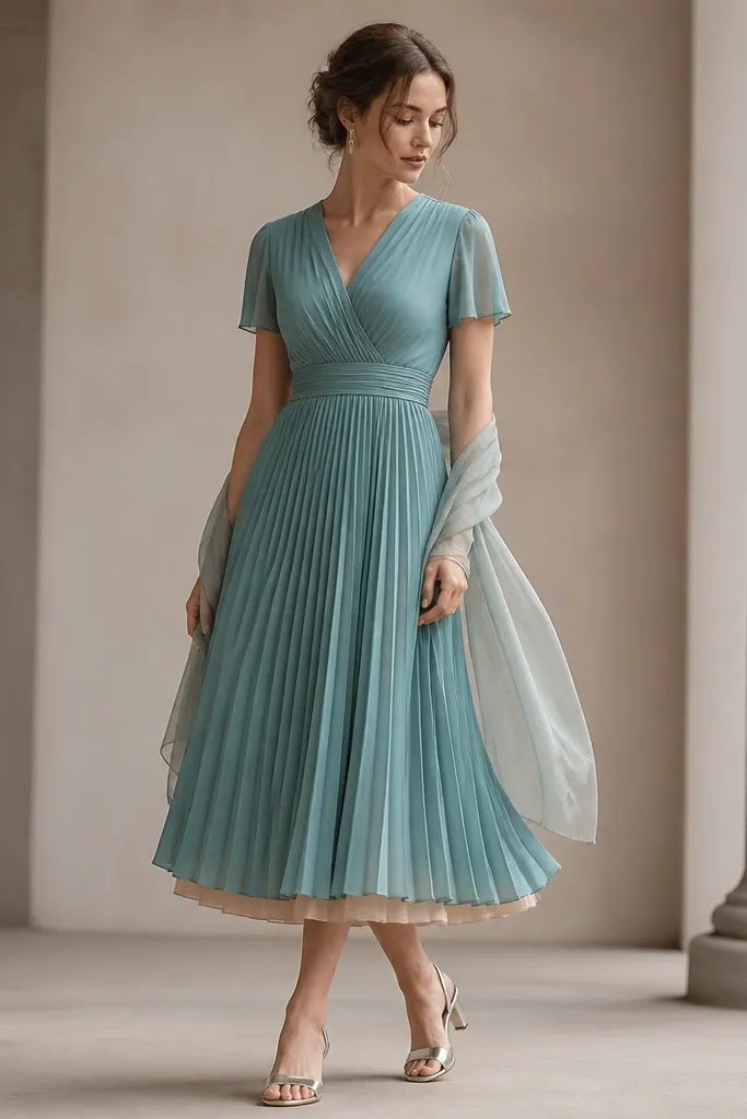 A soft teal pleated midi dress in georgette with a V-neck and short sleeves; inside you can see a smooth nude slip layer at the hem. Styled with silver low heels and a sheer wrap scarf.