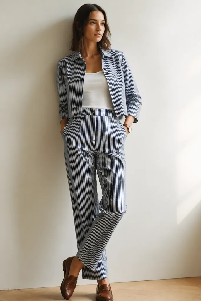 A navy and white seersucker two-piece set with a cropped jacket and high-waist trousers, worn over a fitted white tank. Styled with brown leather loafers and a slim watch.