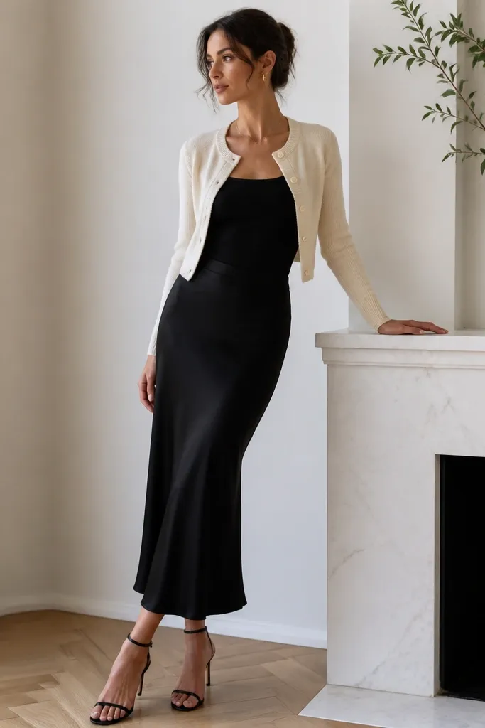 A black satin-back crepe midi skirt with a smooth front and slight sheen, paired with a fitted black tank top. Styled with a cream cropped cardigan and black strappy heels.