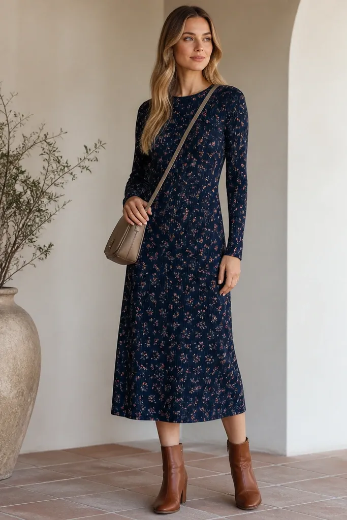 A dark navy long sleeve ribbed knit dress with a small floral print; it has a crew neck and falls to the mid-calf. Styled with cognac ankle boots and a taupe crossbody.