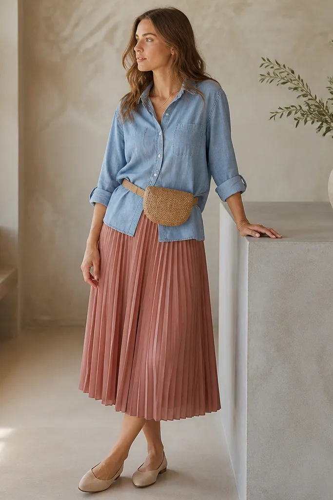 A chambray blue button-up worn untucked over a dusty rose pleated midi skirt; sleeves are rolled to the forearm. Styled with nude flats and a woven belt bag.