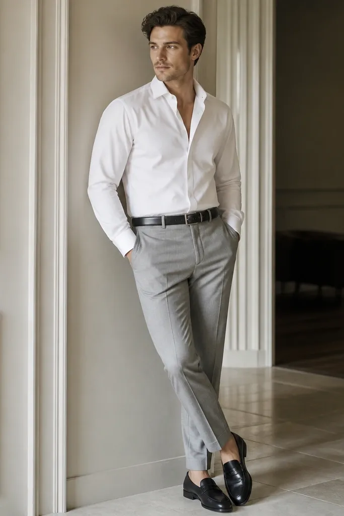 A crisp white cotton shirt with satin lapels on the collar and matching slim trousers in light gray; the look is accessorized with a black belt and loafers. No tie is worn.