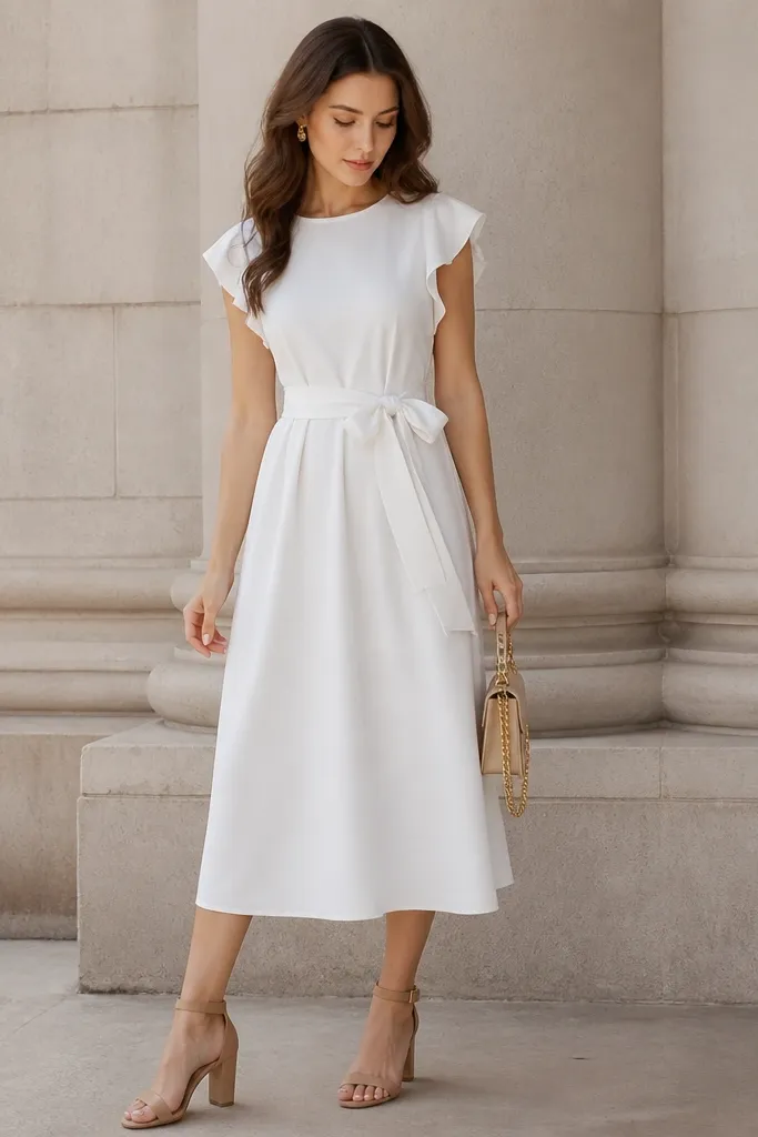 A soft white midi dress with subtle ruffle sleeves and a satin sash belt tied at the waist; the fabric has a smooth matte finish. Styled with tan block heels and a small gold chain purse.