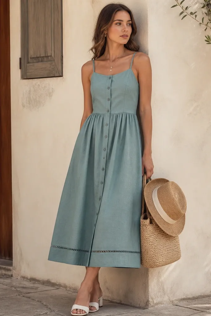 A dusty teal button-front cotton sundress with a ladder stitch hem detail and thin straps; the waist is lightly gathered. Styled with white low block heels and a woven straw hat resting on the bag.