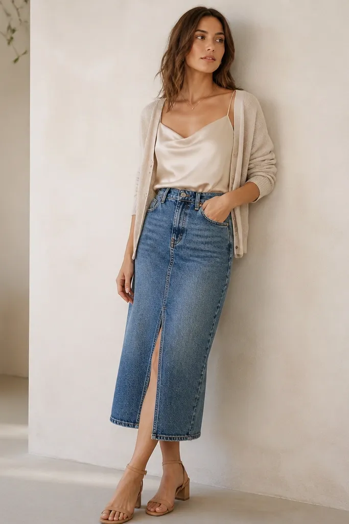 A medium-wash denim midi skirt with a modest slit paired with a champagne satin camisole. Styled with a light cardigan and tan heeled sandals.