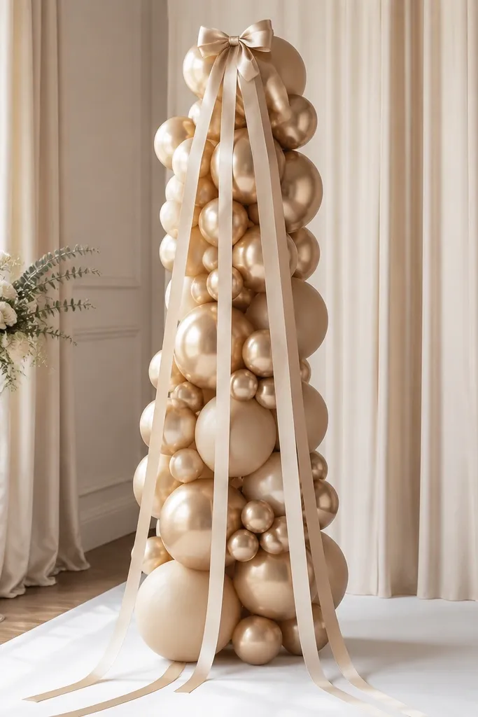 A tall champagne-gold balloon column with a mix of metallic and matte balloons, topped with a small satin bow. Several long champagne ribbon streamers fall down in front of the column over a white floor runner.