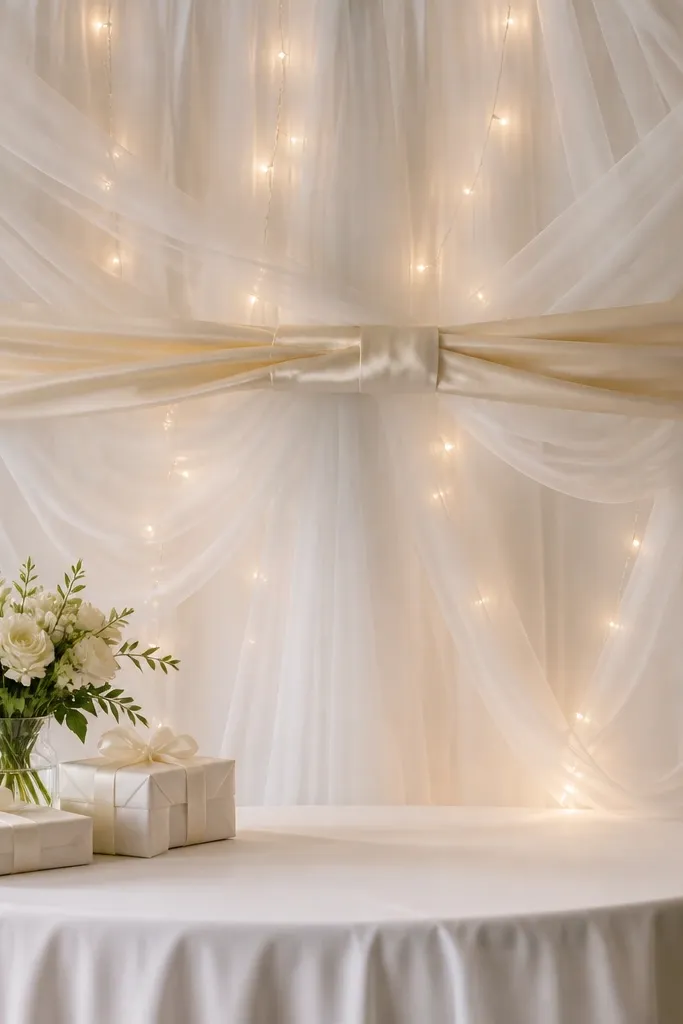 A gift table backdrop made from layered white tulle draped in soft folds, with a cream satin sash wrapped horizontally across the middle. Small battery string lights are woven behind the tulle, glowing gently.