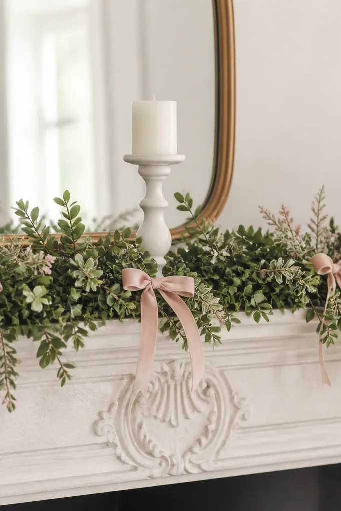 A long faux greenery garland laid along a mantel with blush mini bows tied at intervals. The garland has small leaves and a few pale pink accents, with a white candle holder placed near the center.