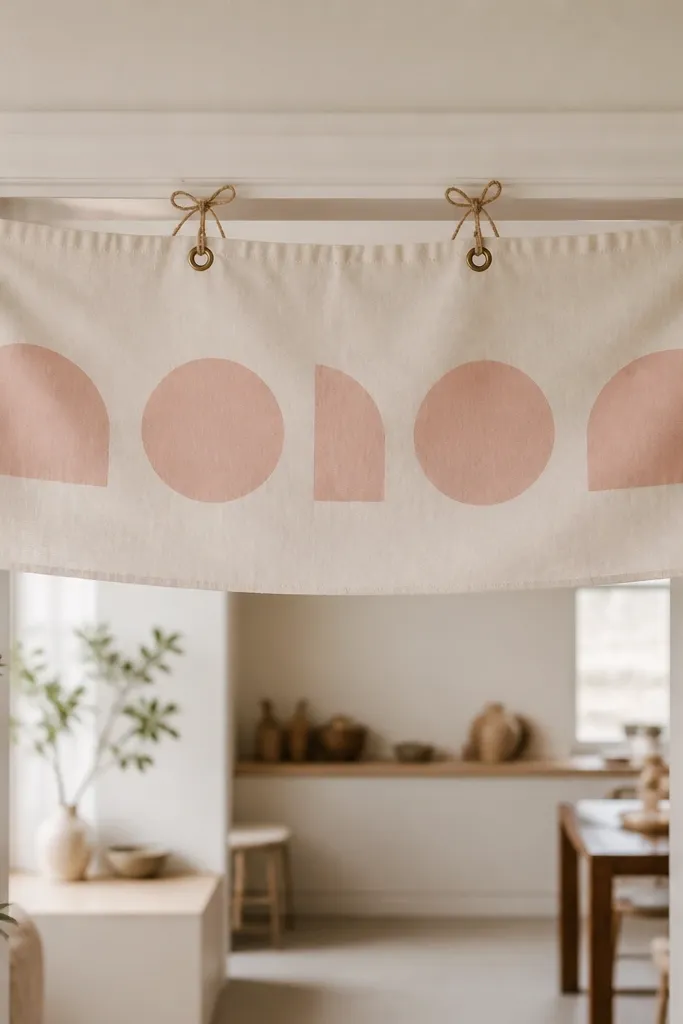 A cream fabric banner with grommet holes along the top, hanging across a doorway. Blush letters are printed in a clean font, and twine ties loop through the grommets.