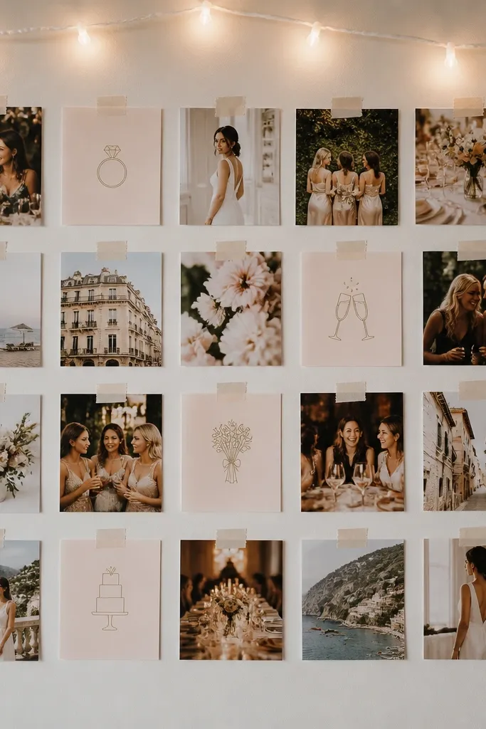 A gallery wall made of small unframed photo prints taped in a grid. Bride-to-be cards with blush borders are placed between photos, and a strip of fairy lights runs along the top edge.