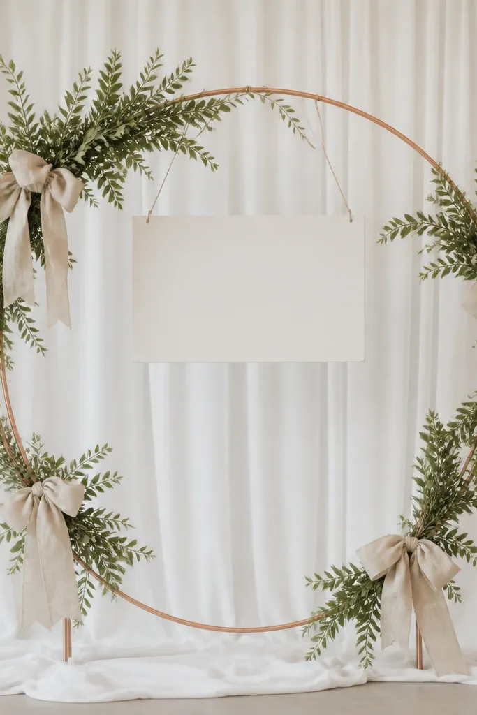 A rose-gold wire ring arch filled with faux greenery, with linen bows tied around several spots. Behind it is a simple white curtain, and a small sign hangs from the arch.
