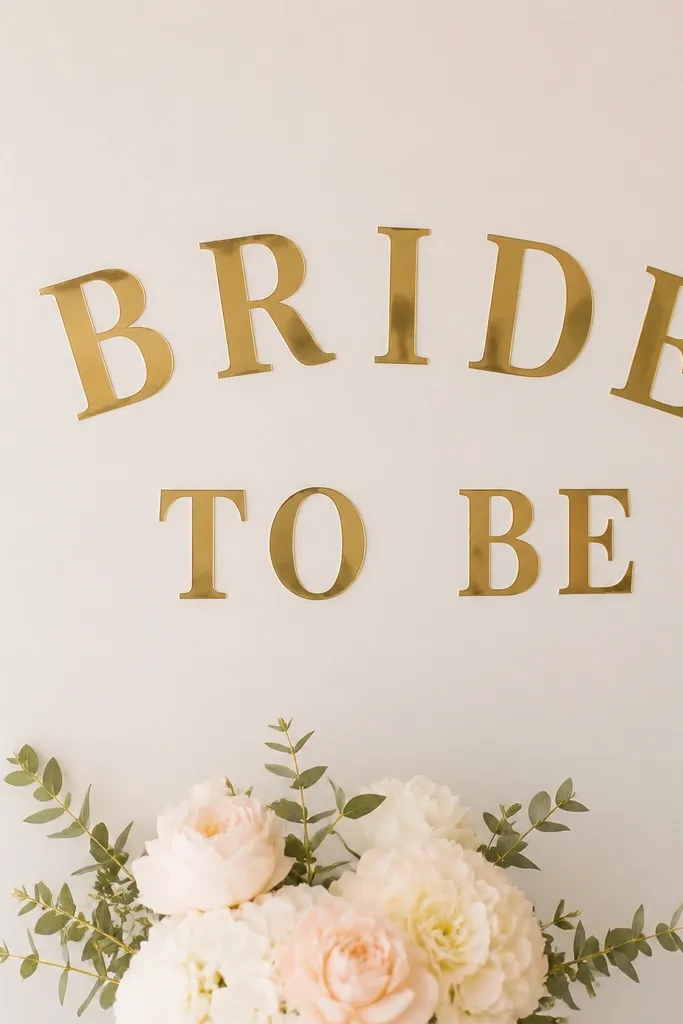 A wall with peel-and-stick gold letters reading "BRIDE TO BE" arranged above a small faux flower cluster. The decals sit cleanly on a light wall with no visible residue.