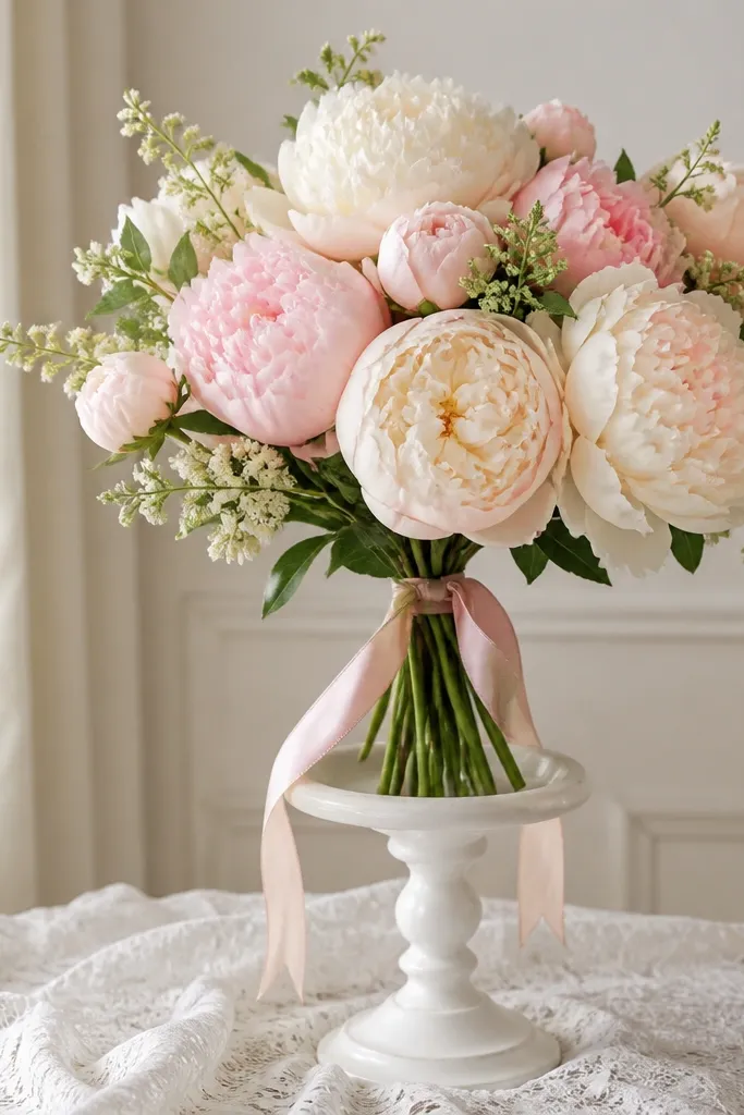 A white pedestal stand holding a single tall faux peony arrangement in cream and blush. Blush ribbon ties wrap the stems below the blooms, and the pedestal sits on a white lace cloth.