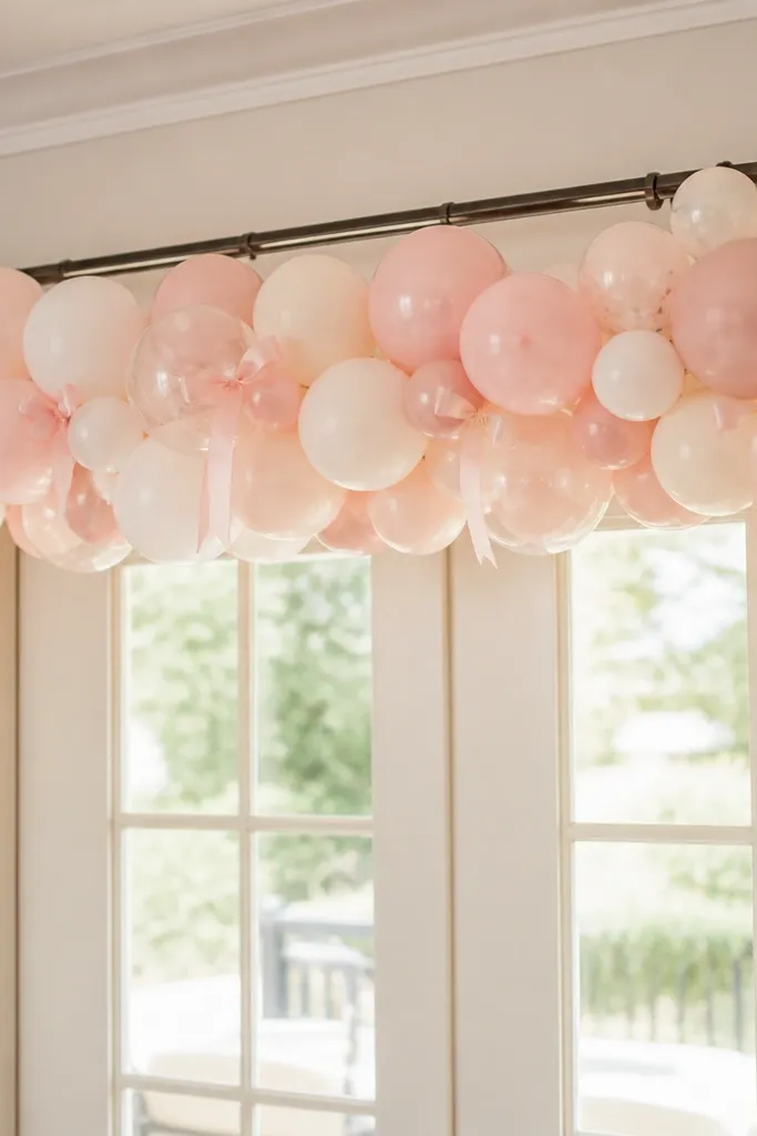 A balloon garland hung along a curtain rod above a doorway. It has blush, blush-white, and clear balloons with a few small satin bows attached along the line.