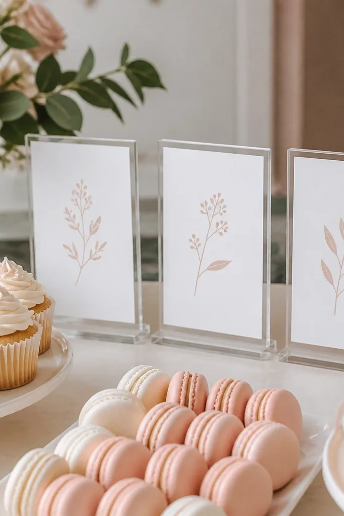 A dessert table with three small acrylic sign holders, each holding a white card with blush lettering. The signs sit above neatly arranged cupcakes and macarons.