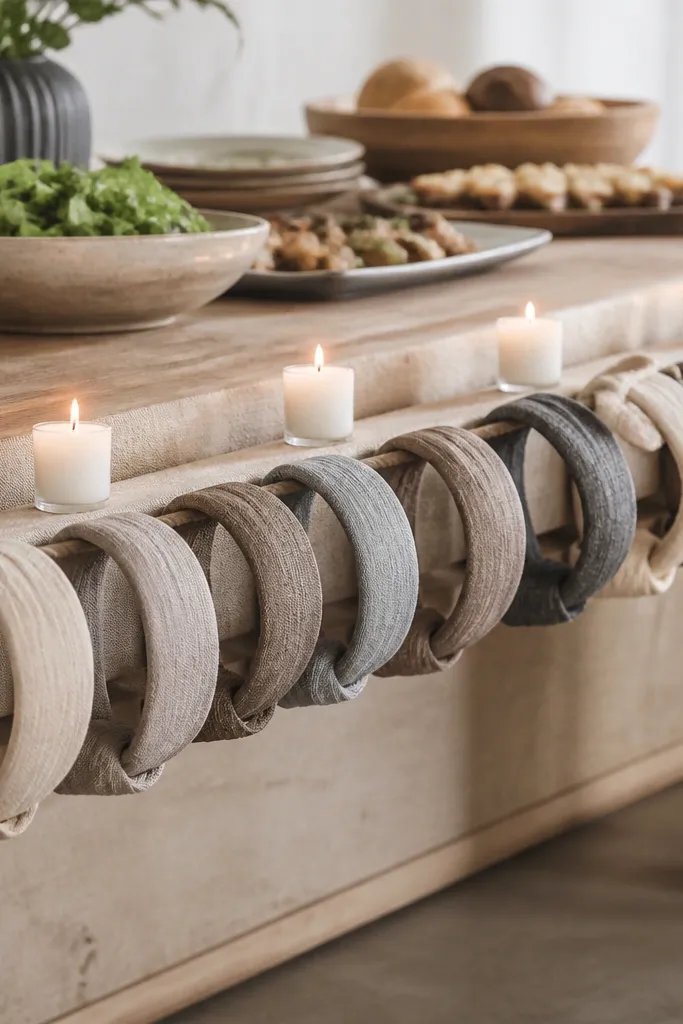 A buffet table with a line of linen napkin rings or fabric loops strung across the front edge. Small white candles sit between the loops, and the table has a neutral runner.