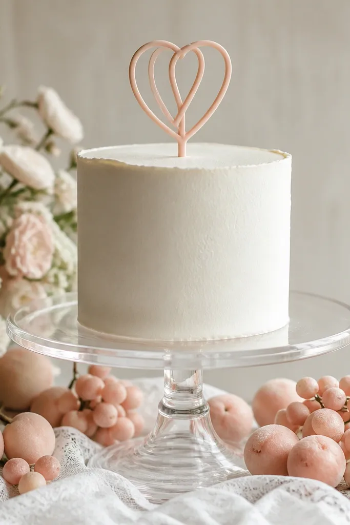 A clear lucite cake stand holding a simple cake topper. Around the base are blush-pink fruit pieces or faux fruit picks, with a soft white lace cloth underneath.