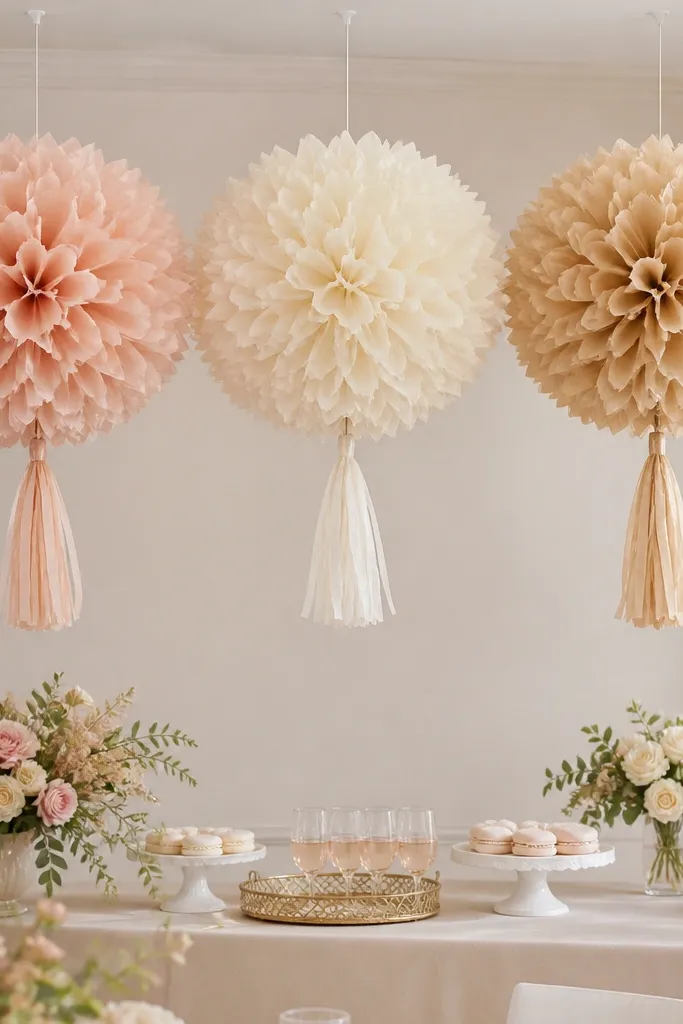 Large tissue paper pom-poms in blush, cream, and champagne hanging from the ceiling using removable hooks. Each pom has a paper tassel tie and is spaced evenly above a party table area.