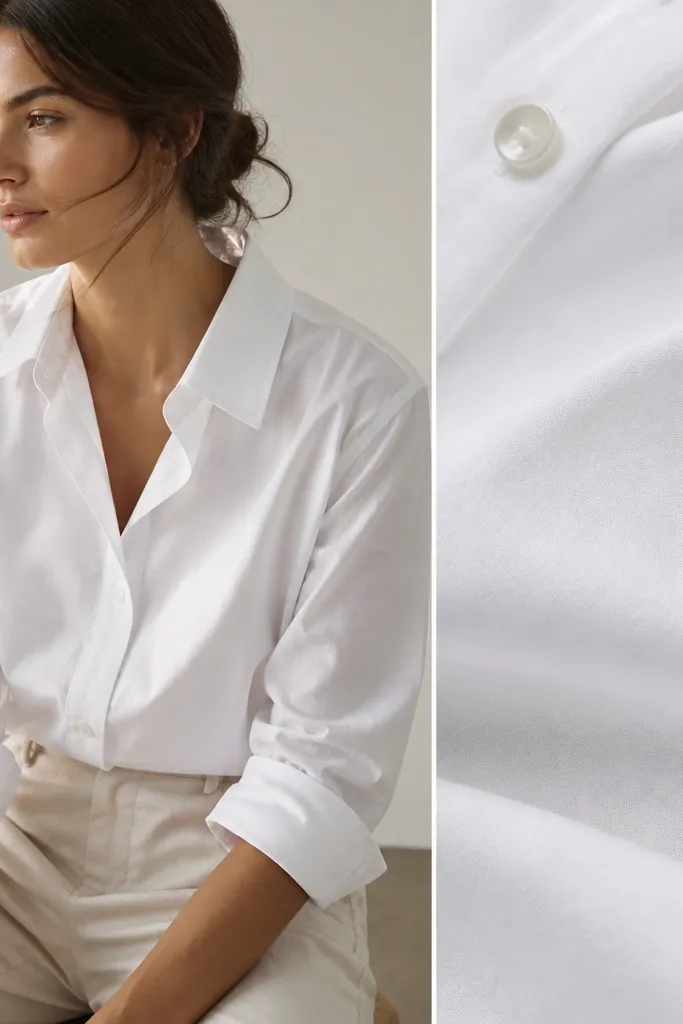 A model wearing a crisp white cotton poplin button-down with sleeves rolled to mid-forearm, paired with light stone trousers. The photo shows the fabric texture close-up and a clean, slightly open collar.