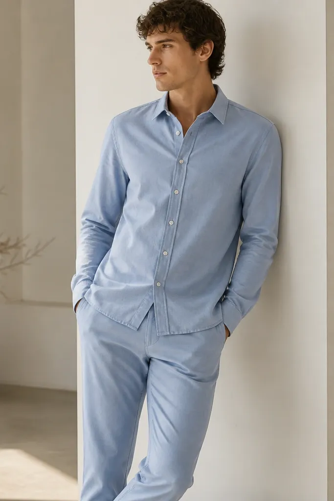 A coordinated set with a light blue stretch chino button-up and matching trousers. The photo shows the fabric texture and a neat button front with a relaxed fit through the thighs.
