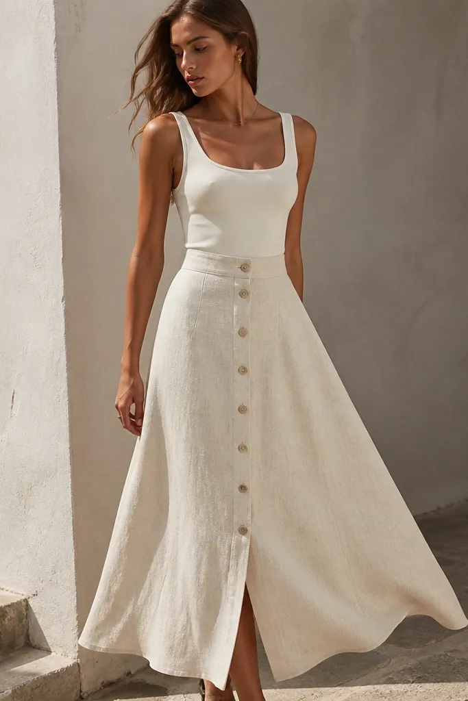 A model wearing a cream linen-blend maxi skirt with buttons down the front and a fitted waist, paired with a simple fitted top. The photo captures the skirt's soft texture and movement.