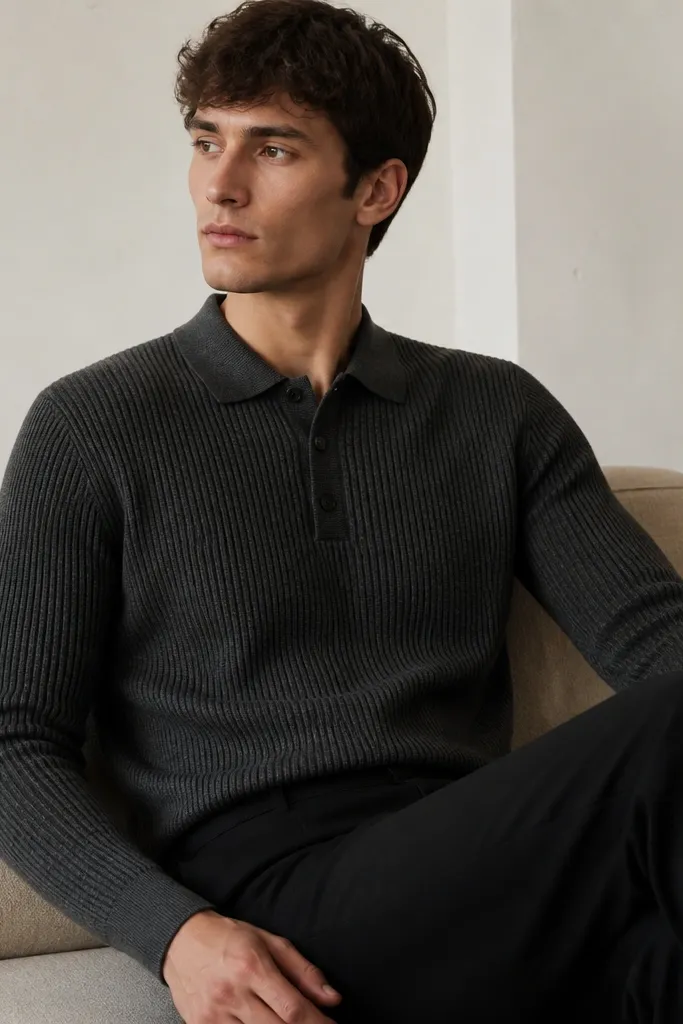 A model wearing a muted charcoal ribbed knit polo with a clean collar, paired with slim black trousers. The image shows the knit texture and a tidy silhouette.