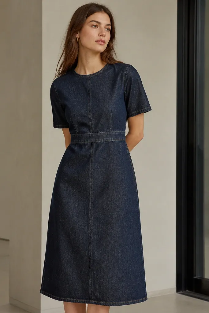 A model in a dark wash denim midi dress with a defined waist seam and short sleeves. The image shows the denim texture and the dress falling straight without bulk.