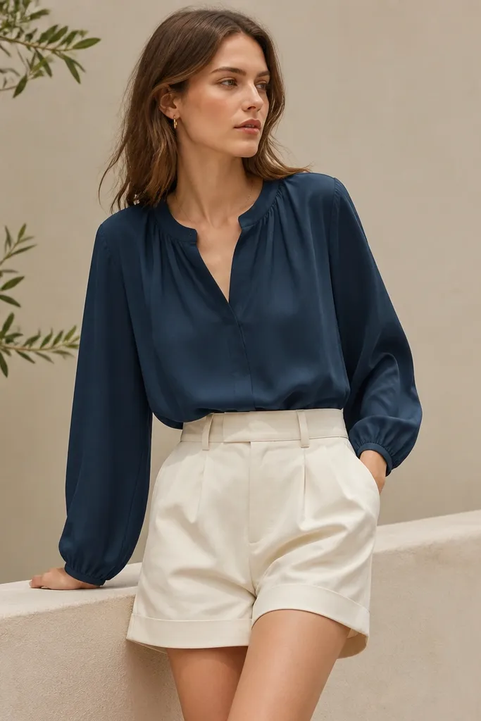 A model wearing a solid-color blouse with a chiffon-like drape (no visible shine) tucked into tailored high-waist shorts. The photo shows soft movement in the blouse.