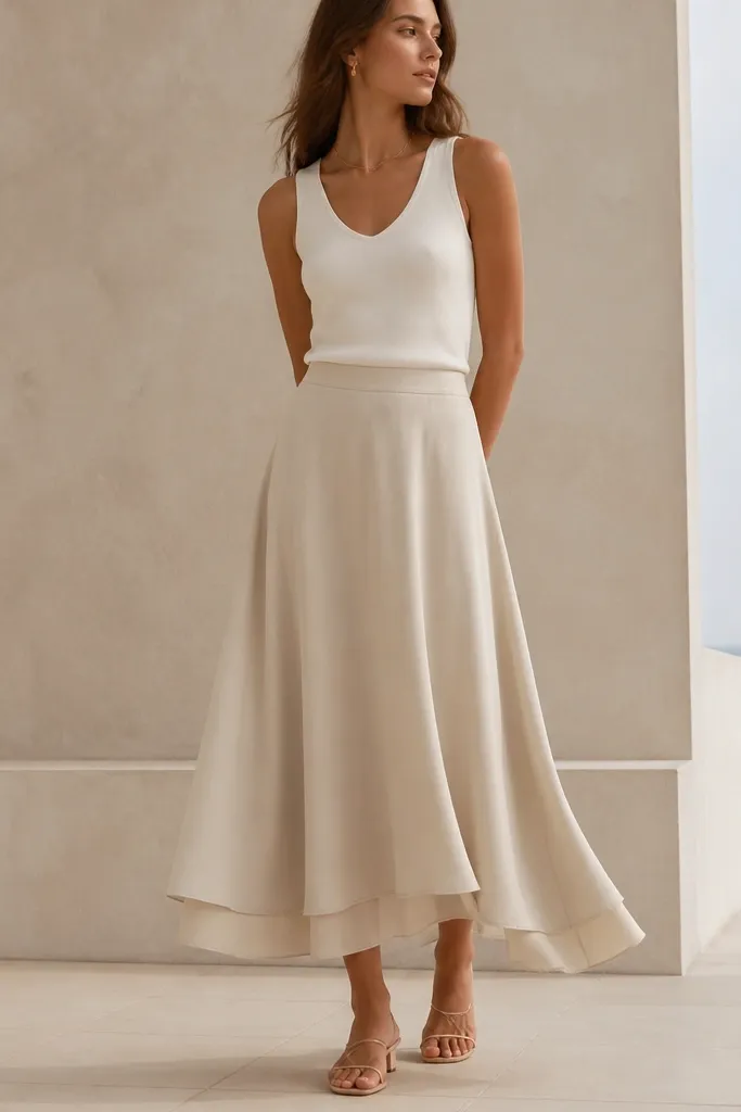 A model wearing a two-layer midi skirt in oatmeal with a smooth outer layer and a slightly different inner layer tone. The photo shows a crisp hemline and gentle swing.