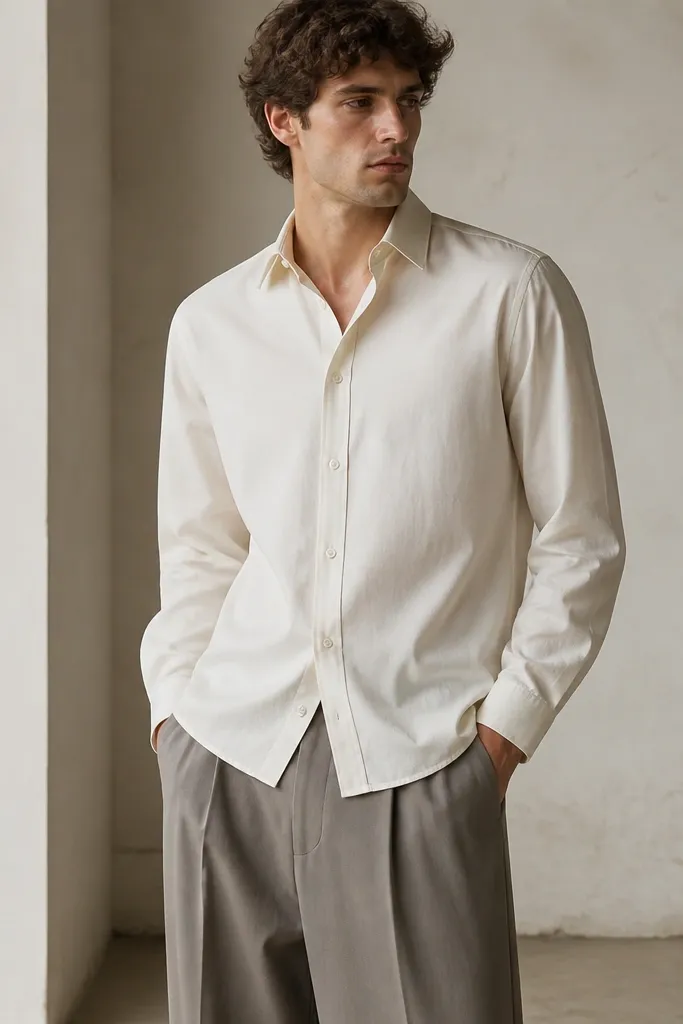 A model wearing a cream soft poplin shirt untucked over warm gray pleated trousers. The photo shows the pleats and the shirt drape.