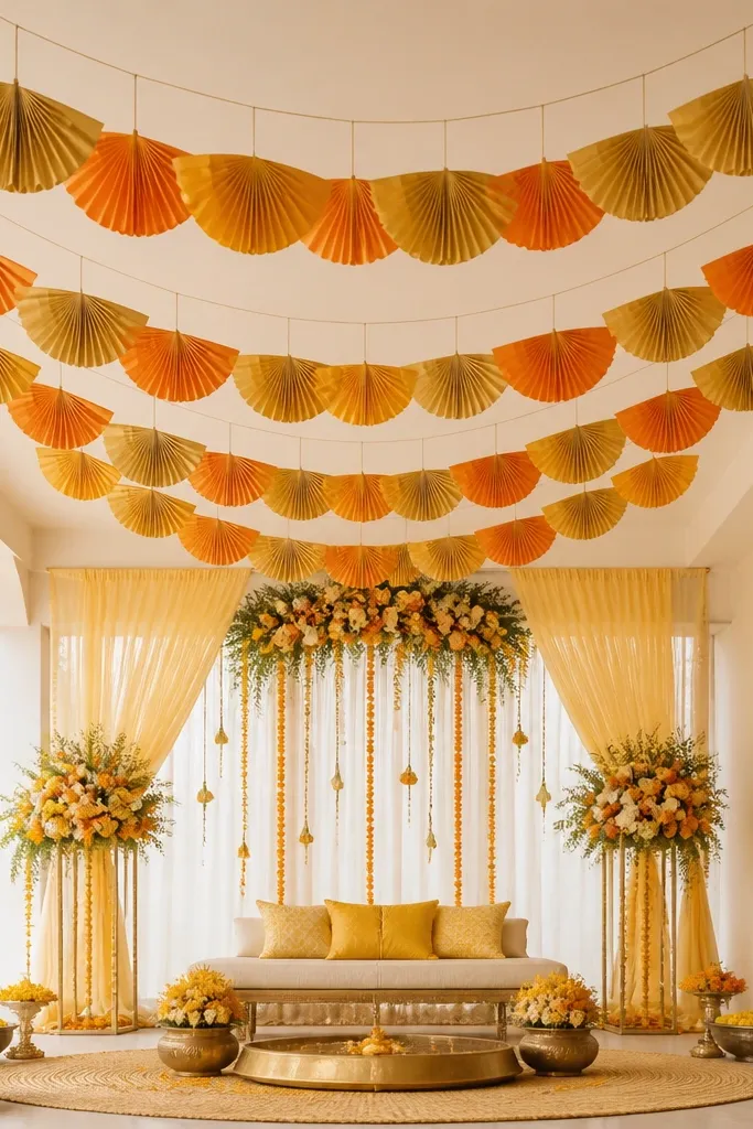 A ceiling installation where folded paper fans in gold and marigold orange hang in a curved line above the haldi seating, creating a soft canopy effect. The fans are evenly spaced with thin strings tied to a central line.