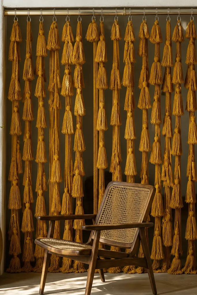 A tassel curtain made of mustard and golden threads hanging in vertical strands, attached to a top rod with clear acrylic hooks. The tassels sway slightly and create a textured frame behind a chair.