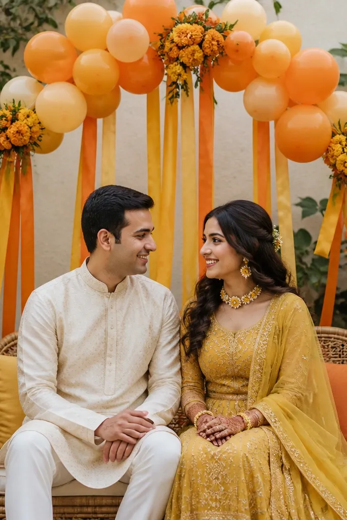 A small balloon arch with satin ribbon streamers in saffron and mustard, plus faux marigold clusters attached at key points. The arch sits behind the seating and frames the couple.