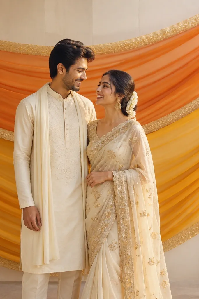 A soft georgette swag draped behind the couple in warm saffron and mustard tones, finished with a gold border ribbon along the top and bottom. The fabric has gentle folds and a clean edge line.
