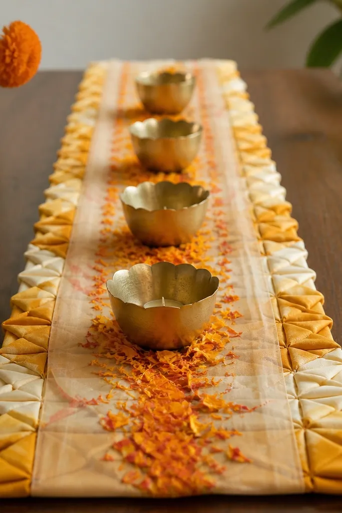 A table runner made of folded fabric blocks in ivory, mustard, and saffron, topped with a sheer organza overlay. Faux marigold petals sit along the center line and small bowls are placed in a neat row.