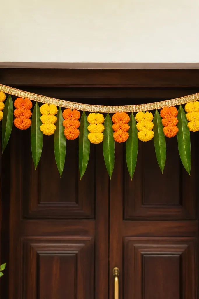 A toran-style garland hung across a doorway: faux marigold clusters interspersed with green mango leaf shapes, with a small gold border ribbon at the top.