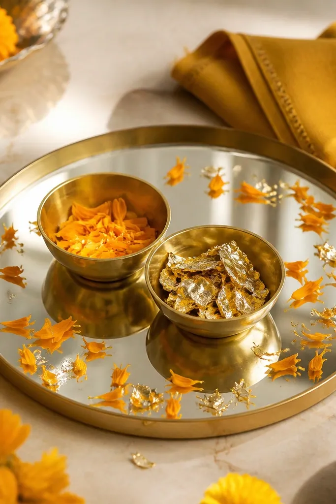 Mirror trays reflecting warm light, scattered with marigold petals and small gold foil pieces. Two small bowls sit in the center, with a folded cloth napkin in mustard nearby.