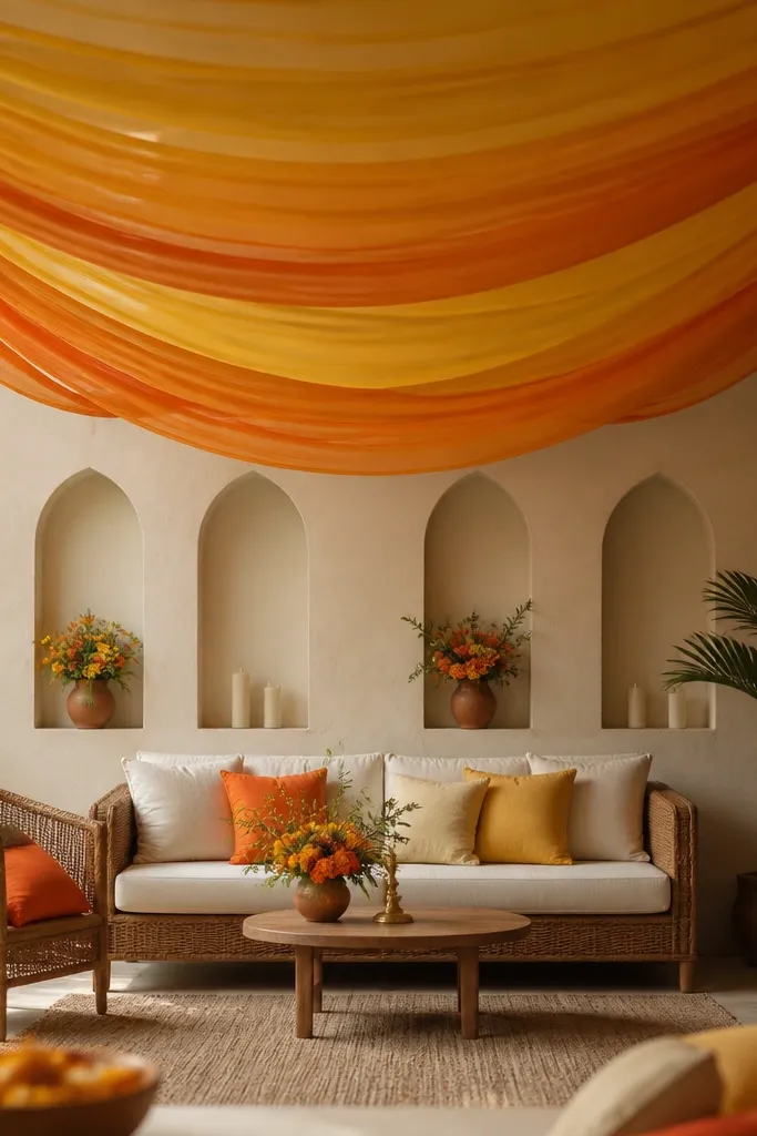 A ceiling swag made from georgette dupattas in mustard and saffron, draped in a gentle curve. The corners have small hidden weights so the fabric hangs evenly above the seating area.