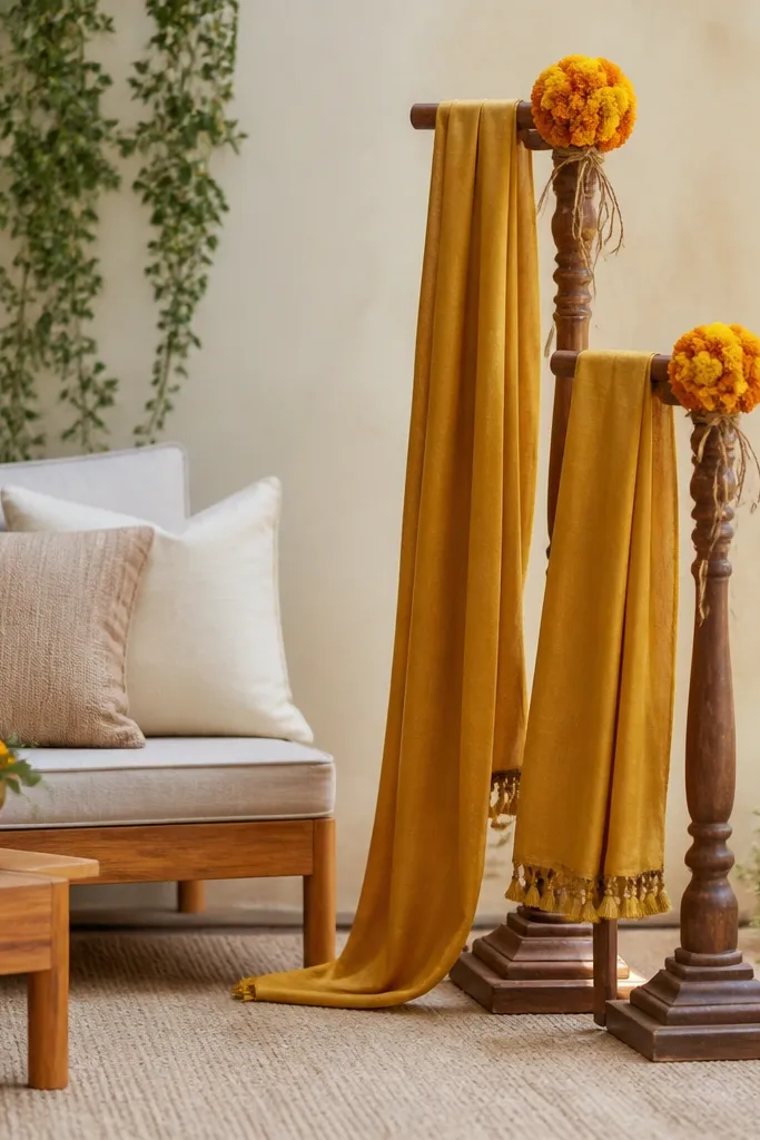 Two wooden stands with mustard silk stoles draped over them, plus a small faux marigold cluster tied near the top. The stands sit beside the seating and create a styled photo corner.
