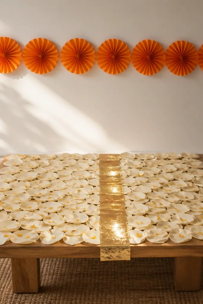 A low coffee table covered with a soft spread of warm ivory paper petals, scattered turmeric-yellow confetti dots, and a narrow strip of gold foil tape running down the center like a path; in the background, a plain white wall has a single line of marigold-orange paper fans pinned at shoulder height, with sunlight creating small sparkles on the gold tape.