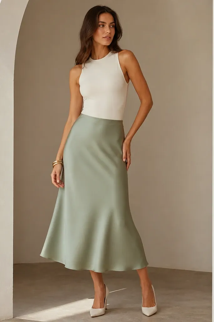 A sage green satin-back crepe midi skirt with a soft sheen and a slight A-line. The model pairs it with an ivory fitted bodysuit tucked in, plus gold bangles and cream heels.